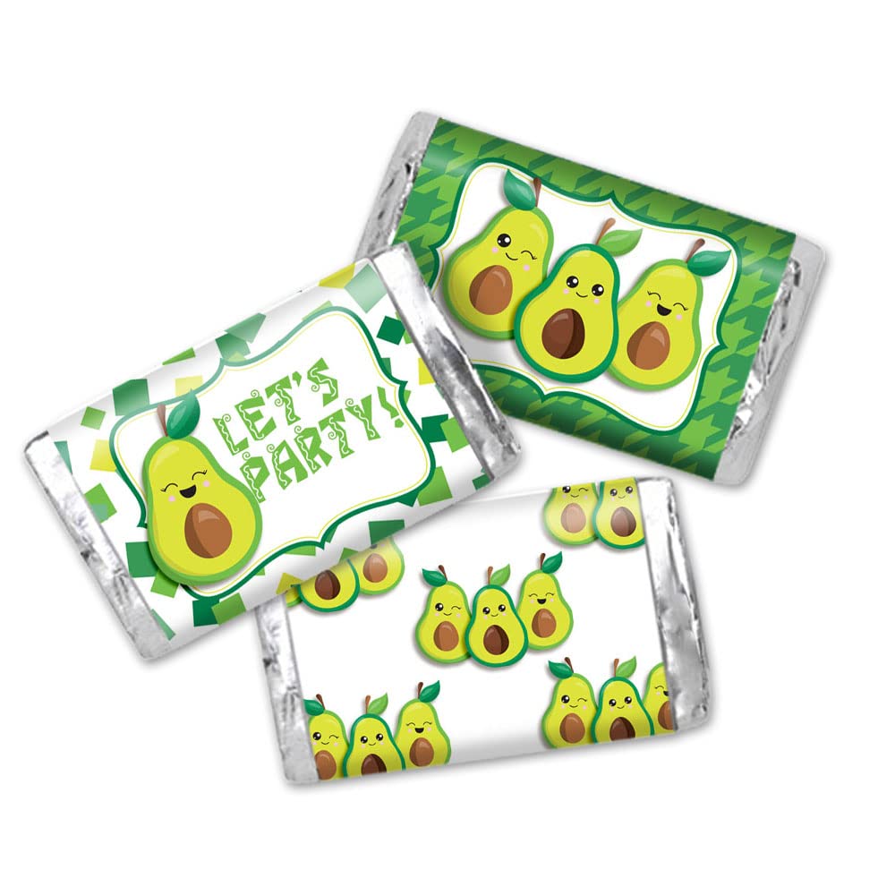 Trio of Avocados Holy Guacamole Birthday Mini Chocolate Candy Bar Sticker Wrappers for Kids, 45 1.4" x 2.6" Wrap Around Labels by AmandaCreation,