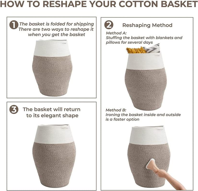 Image of GRATIFY Large Woven Rope Laundry Basket, 80 L Tall Dirty Clothes Hamper with Handles Storage Blankets, Toy for Bedroom, Living Room (Mix Brown White 1 Pcs)