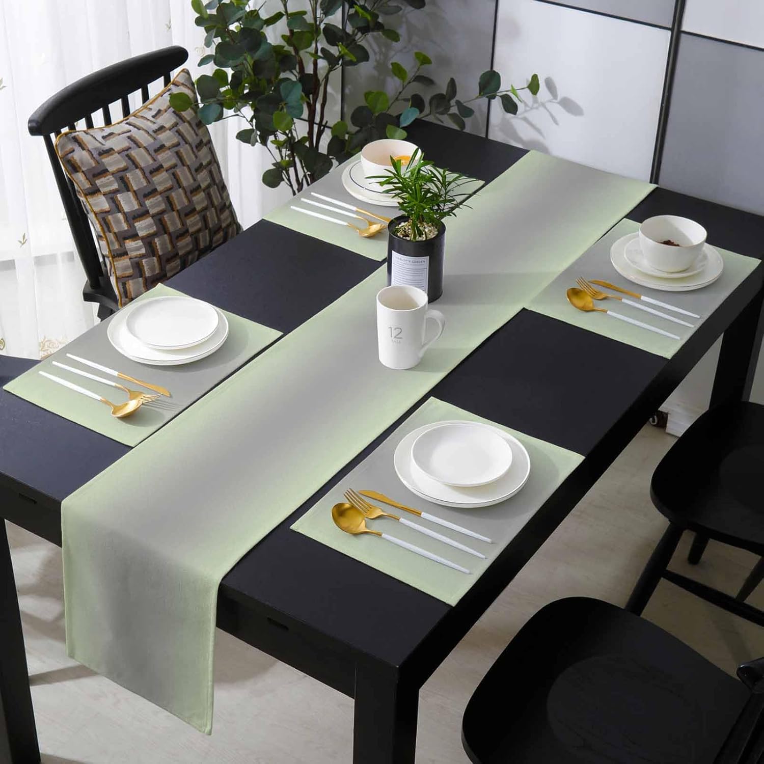 Khaki Grey Placemats Set of 4 with 90 Inches Long Table Runners, Ombre Modern Minimalist Gradient Color Linen Dining Table Runner Mats, Burlap Kitchen Autumn Tablerunner and Placemat Set