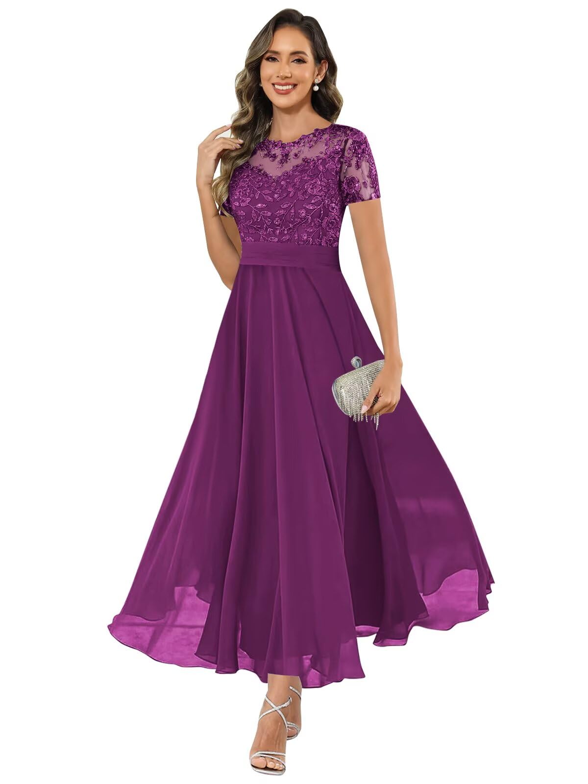 HANVAIOS Mother of The Bride Dresses for Women Short Sleeve Lace Appliques Long Chiffon Formal Dress