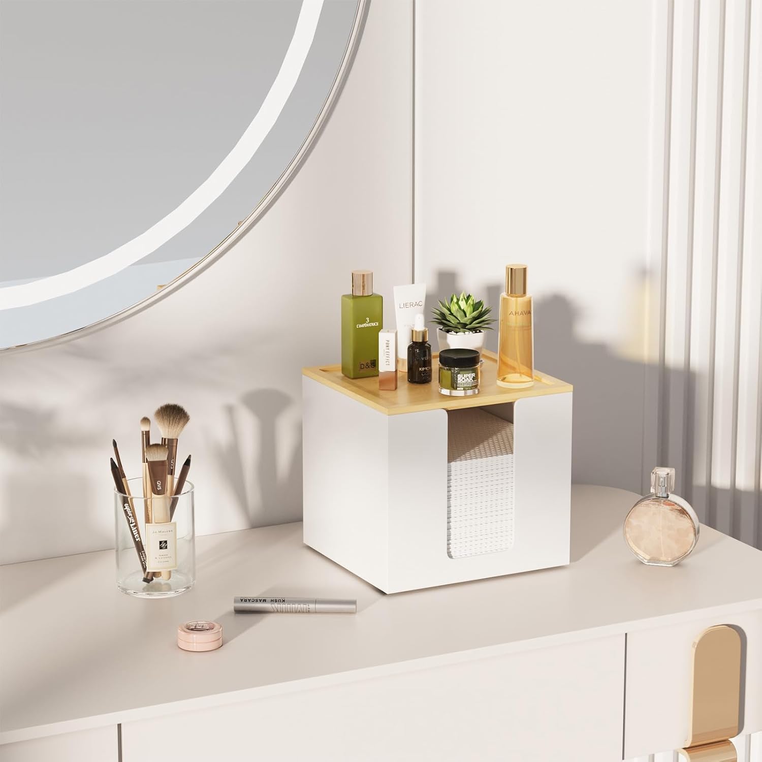 VITVITI Disposable Face Towel Holder Containers, Metal Iron Facial Clean Towels Box for XL Clean Skin Club, Large Capacity With Bamboo Lid for Bathroom, White - Image 4