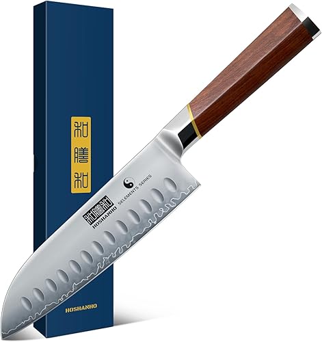 HOSHANHO Cuchillo Santoku de 7 pulgadas, cuchillo de chef profesional japonés de acero de alto carbono, cuchillo de cocina afilado con mango