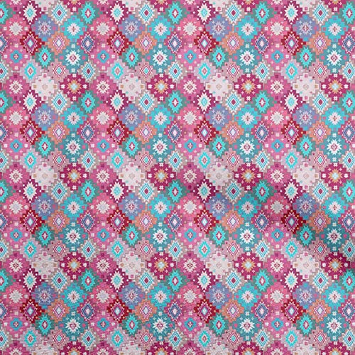 oneOone Cotton Jersey Turquoise Green Fabric Asian Kilim Sewing Material Print Fabric By The Yard 58 Inch Wide