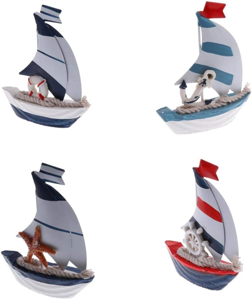 Mediterranean Nautical Rustic Mini Sailing Boat Model Decor Mini 4.9''H Metal Fishing Boat Model Coastal Beach Décor Home Party Wedding Table Desk Centerpieces Bathroom Display Ornament Set of 4