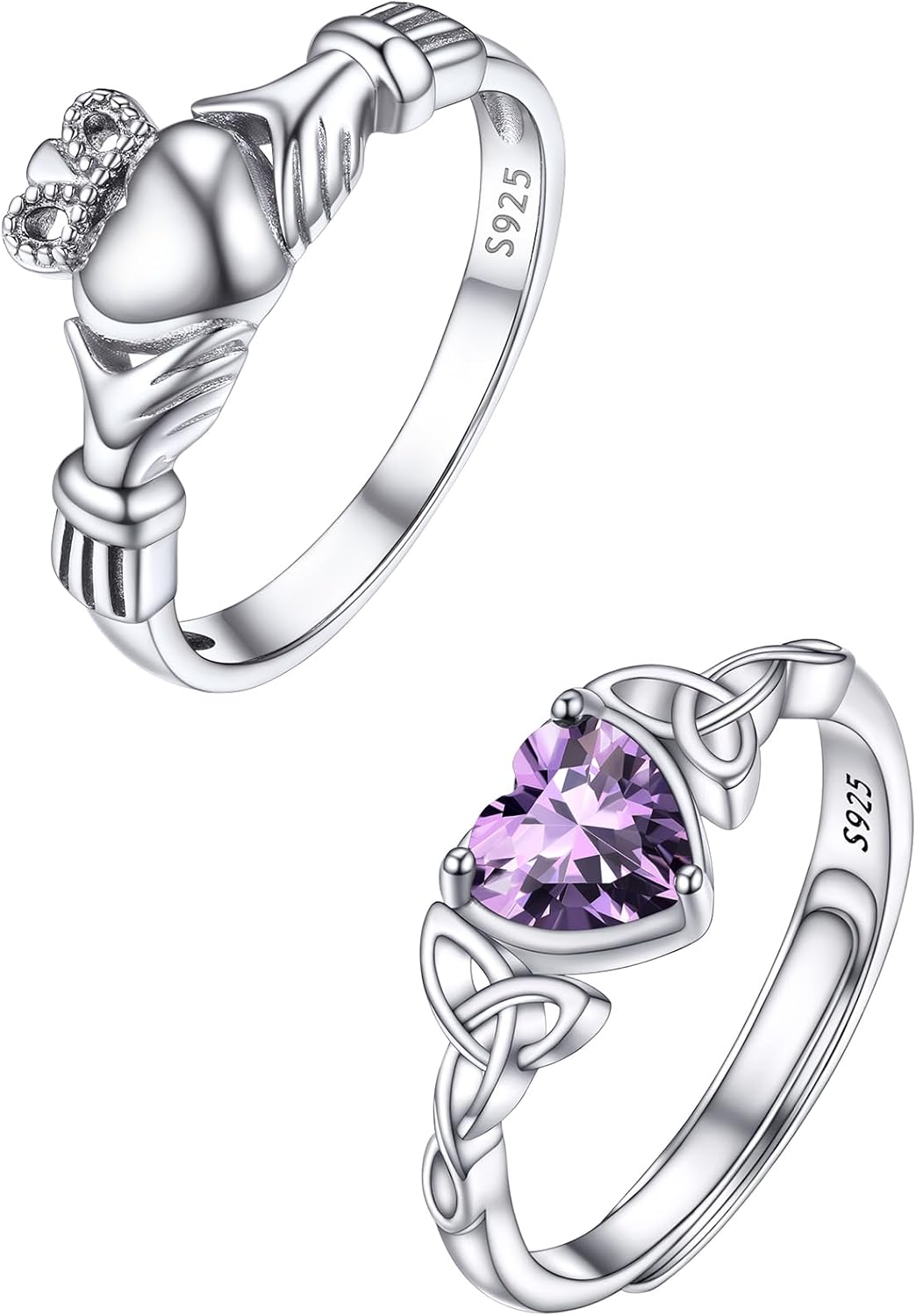 PROSILVER 925 Sterling Silver Size 9 Claddagh Ring and Adjustable Celtic Knot Heart Ring for Women