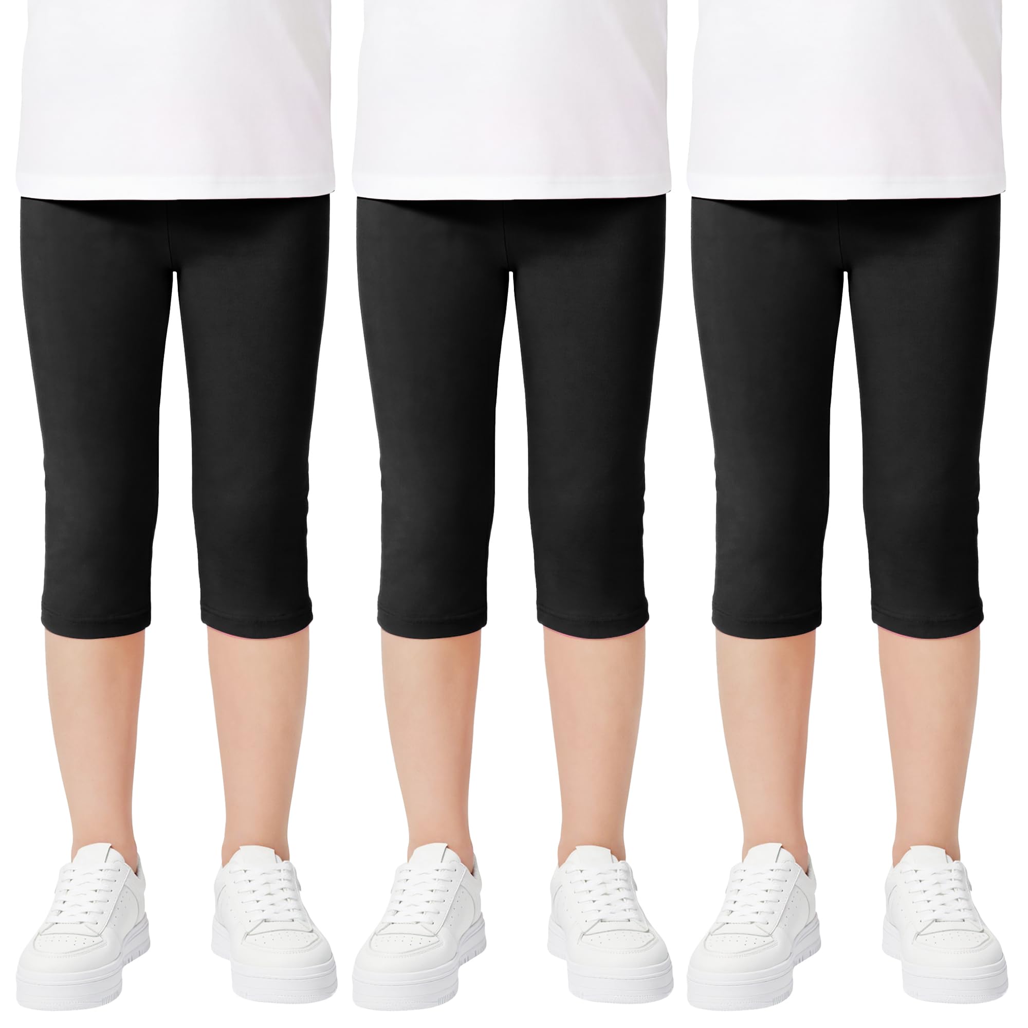 Domueay Niñas Leggings 3/4 Algodón Transpirable Elástica Deportivas Pantalones Cortos Cómodos Leggins, Pack de 3, Color Sólidos Niña Baile Escolar Mallas Infantiles Verano Ropa 6-13 Años — view 8
