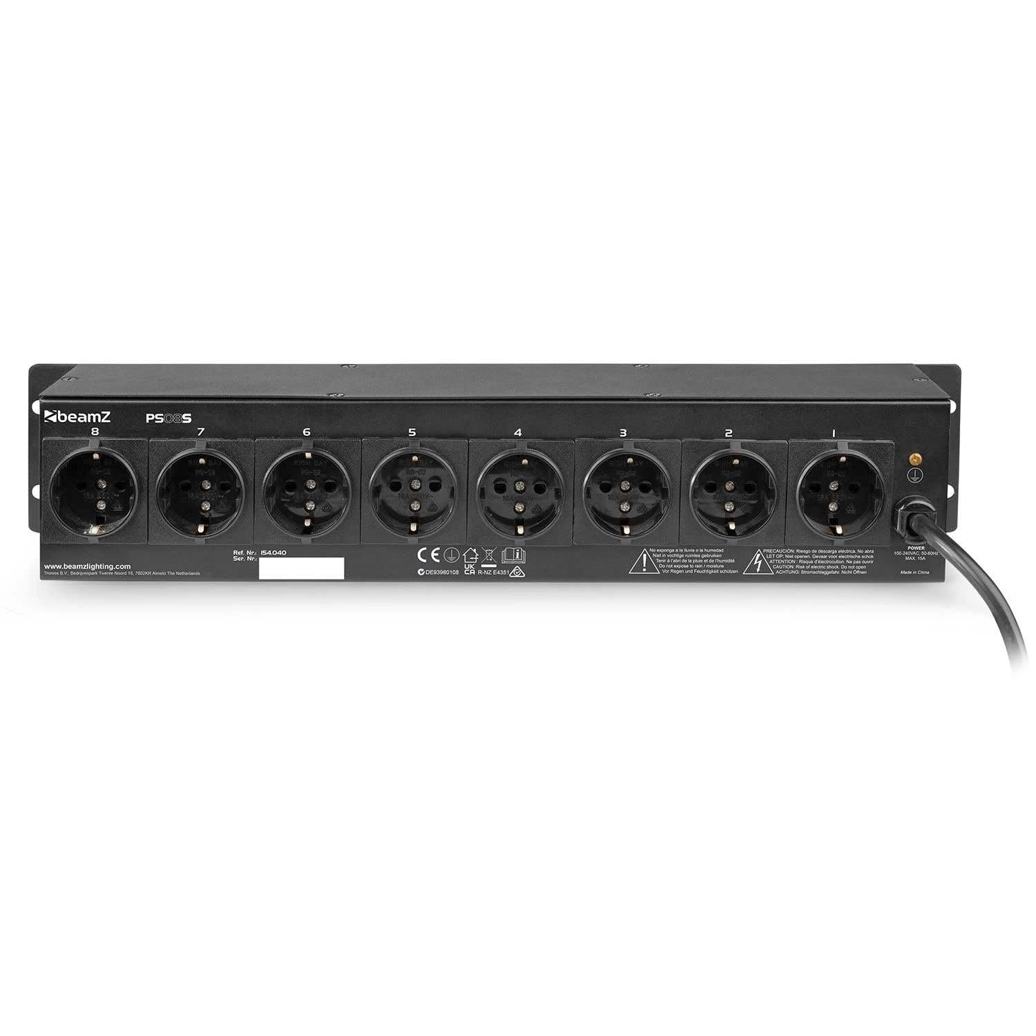 BeamZ PS08S - Dispatching Sono Répartiteur 8 Prises Schuko, avec Interrupteurs Éclairés, Montage Rack 19'', Disjoncteur 15A, Idéal pour le Contrôle des Soirées/Évènements