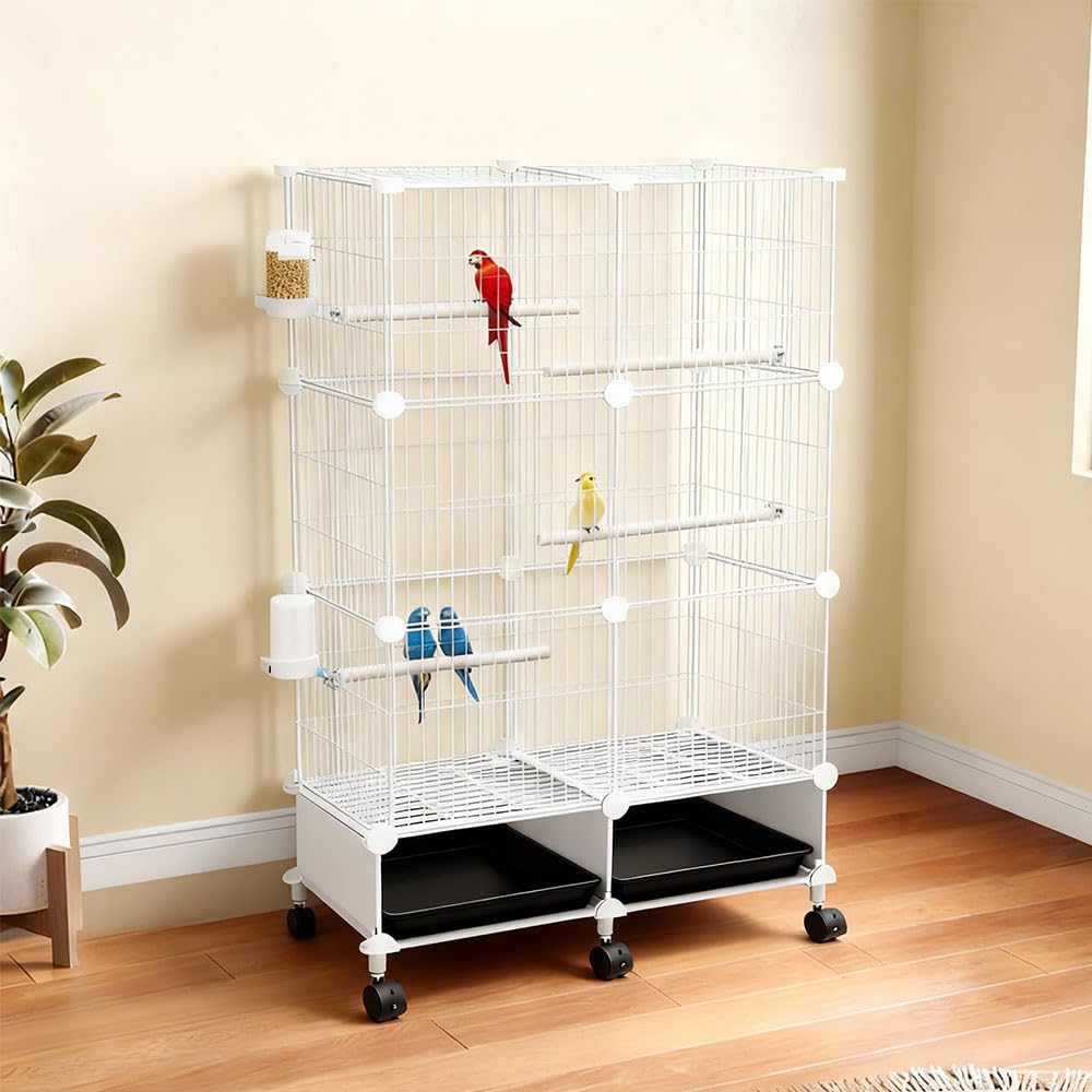 Jaula grande para pájaros, jaula para periquitos con soporte desmontable y ruedas, jaula para pájaros con bandeja deslizante para pájaros, perchas de madera, soporte rodante, jaula de pájaros de vuelo