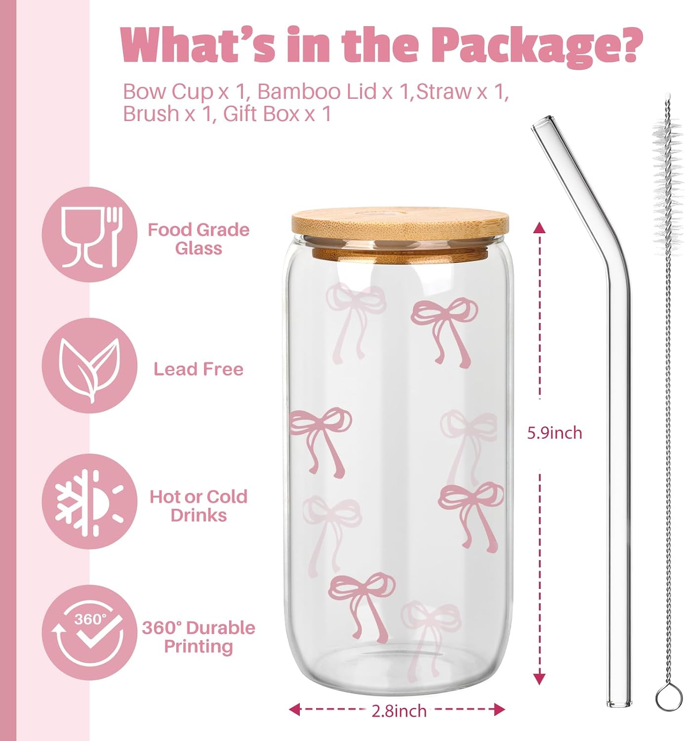 Coquette Aesthetic Bow Glass Cups, Cute Pink Girly Preppy Iced Coffee Cup w/Lids and Straws 16oz Drinking Glasses Gifts for Women Teen Girl Gifts Trendy Stuff