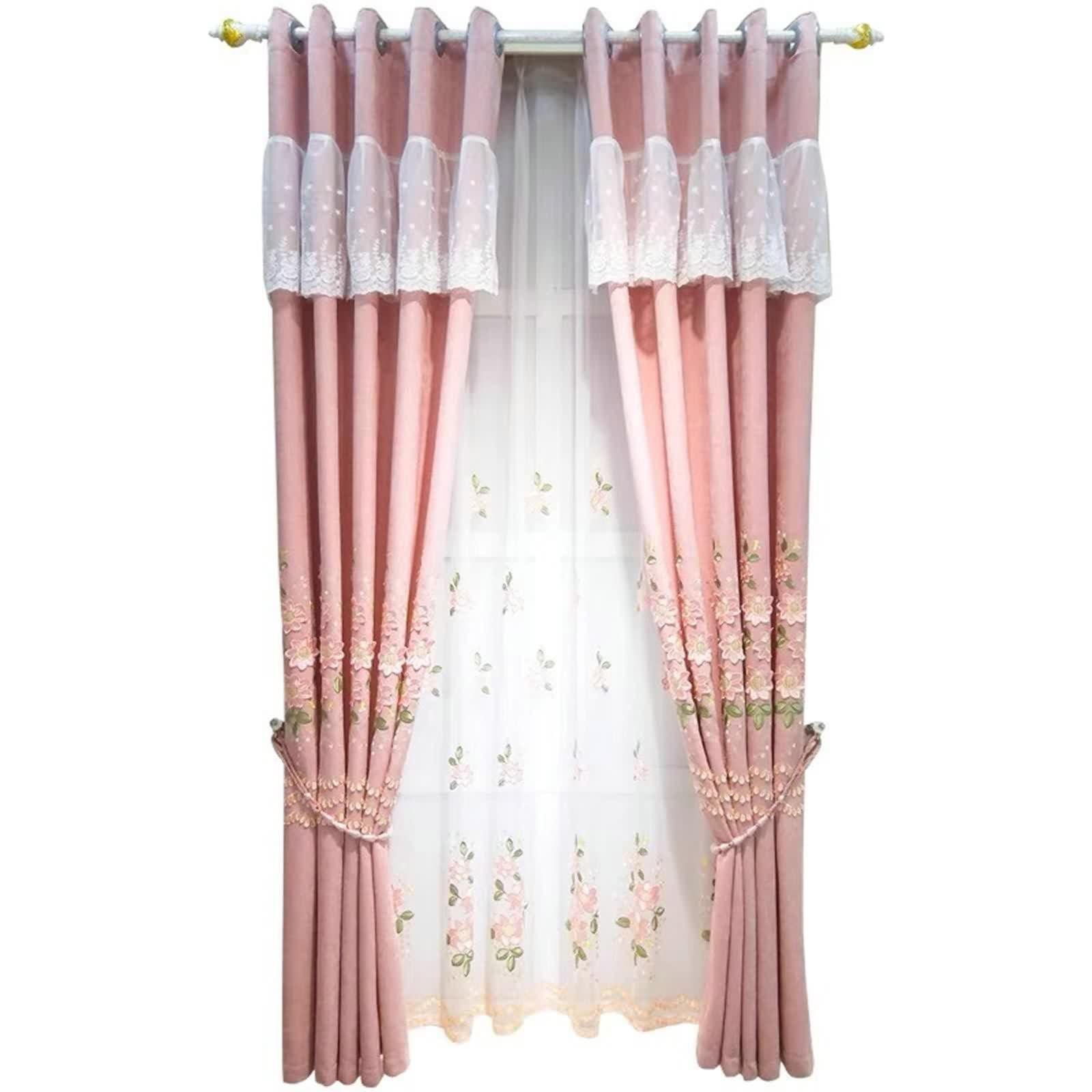 Rideau Salon Long Rose, Occultant Rideaux Chambre Adulte Chenille Fleurs et Feuilles Brodées Lot de 2 LxH 150x270cm