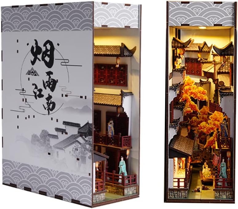 Book Nook Miniature House Kit DIY Wooden Dollhouse/Bookends for Bookshelf Decor/Crafts for Adults 3D Puzzle Building Model Kit with Light (Chinese Style)