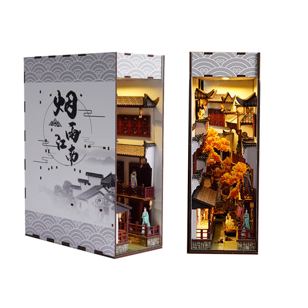 Book Nook Miniature House Kit DIY Wooden Dollhouse/Bookends for Bookshelf Decor/Crafts for Adults 3D Puzzle Building Model Kit with Light (Chinese Style)