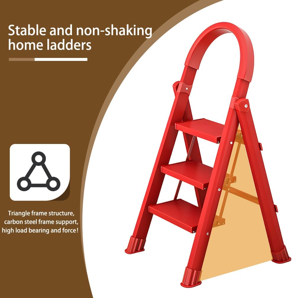 Hershii Step Stool Ladder Folding Aluminum Steps 3 Foot Stepladder 330lbs Capacity Heavy Duty with Handrail, Anti-Slip Wide Pedals for Home, Kitchen, Office - Red