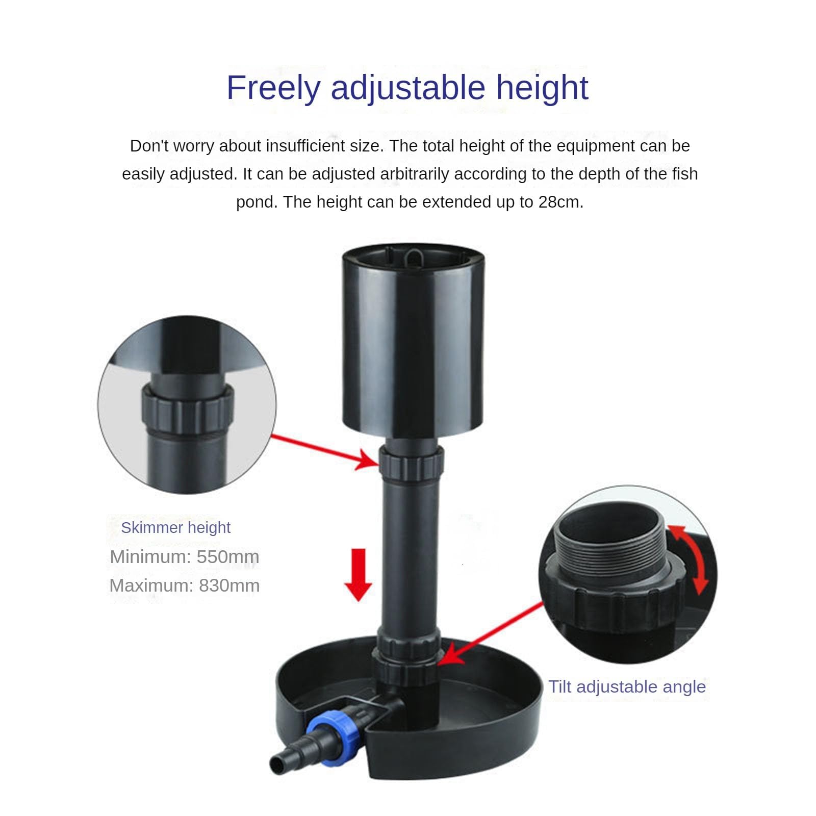 Skimmer per laghetto con membrana telescopica per rimozione olio, altezza regolabile per filtrazione superficiale in stagni e laghi di carpe koi