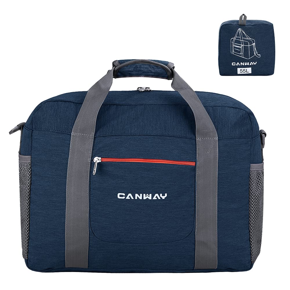 CANWAY 55L Foldable Travel Duffel Bag Tote for Spirit Airlines, Personal Item Bag under Seat Carry on Luggage Weekender, Lightweight, Blue