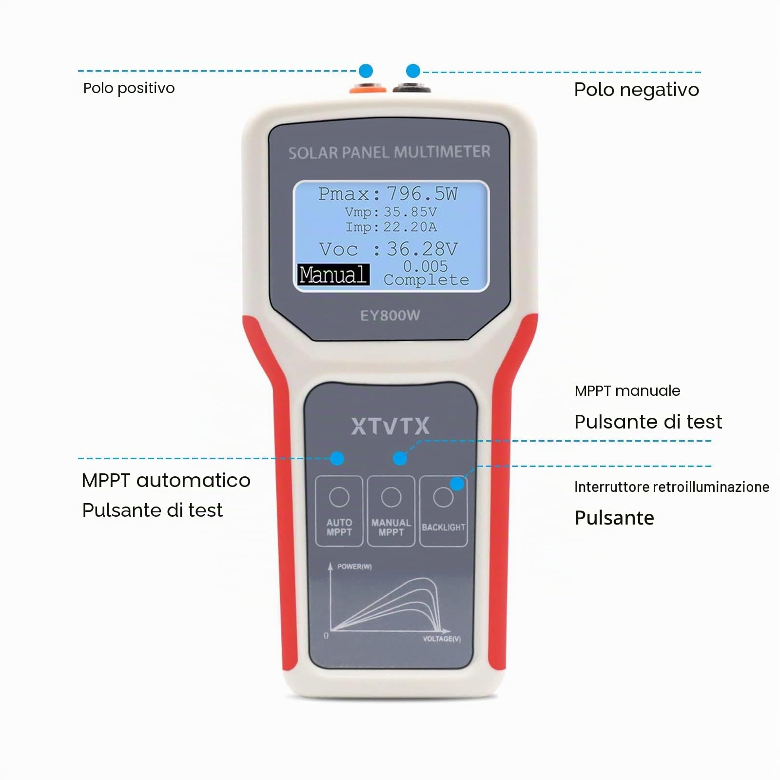 Tester di pannello solare, multimetro per pannello fotovoltaico stile migliorato EY800W, con schermo LCD ultra chiaro