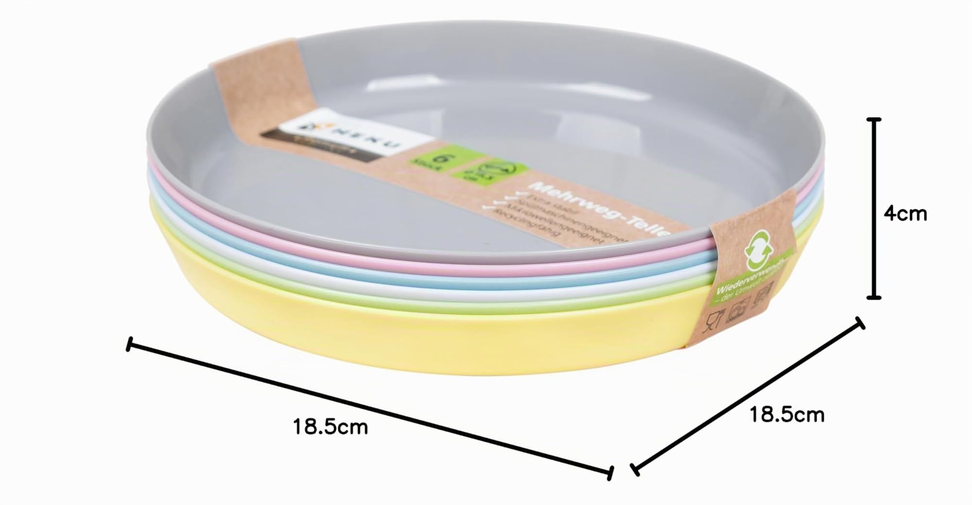 HEKU Set di 6 piatti riutilizzabili in pastello, diametro 18,5 cm, in materiale PP, leggeri e robusti, lavabili in lavastoviglie e adatti al microonde, multicolori