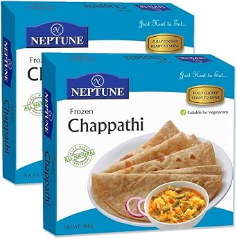 Neptune Frozen Chappathi 400g Soft, Freshly Prepared Indian Flatbread Made from Whole Wheat Flour Ready to Cook Rotis for Quick and Healthy Meals Pack of 2