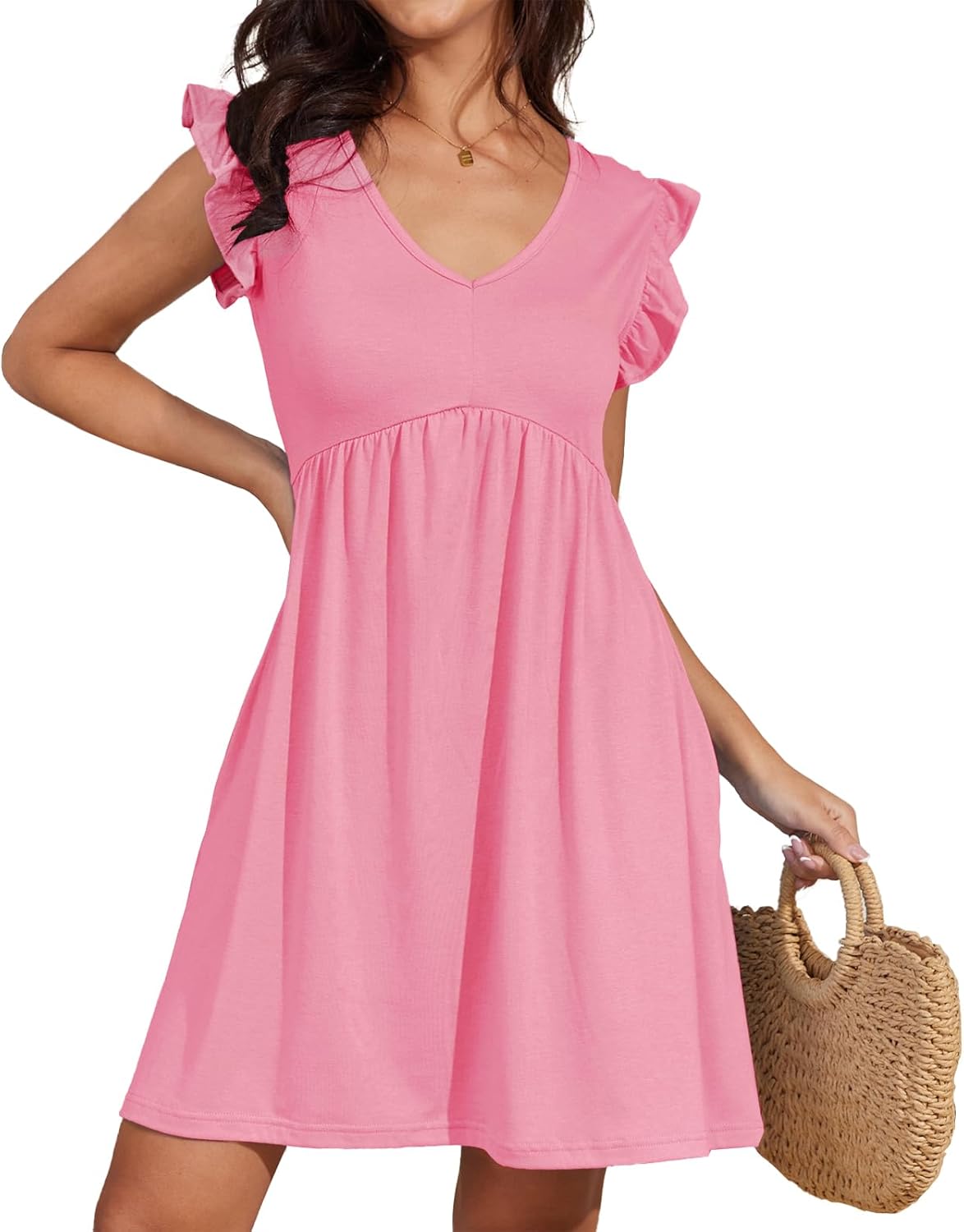 Jayscreate Women's 2025 Baby Doll Dress Backless Tie Back Pocket Summer Casual Ruffle Sleeve V Neck Mini T Shirt Dress