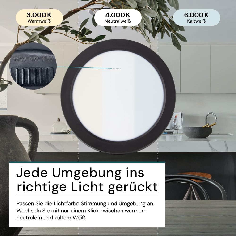 LUXULA LED Aufbauspot flach Schwarz 6 Stück, 24W 2400lm Ø229x34mm, IP44 LED Aufputz, Spot CCT 3000K 4000K 6000K einstellbar, Deckenlampe Aufputz Aufbauleuchte, Spot für Bad, Küche, Flur & Wohnzimmer