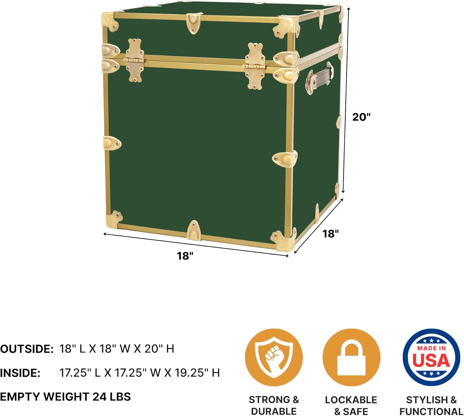 Rhino Trunk & Case Classic Cube College Trunk (Antique Brass) - 18”x18”x20”, 1500+ lbs Capacity, Soft-Close Lid. USA Made Secure Dorm Furniture, Home Storage Box, End Table, or Bedside Cabinet
