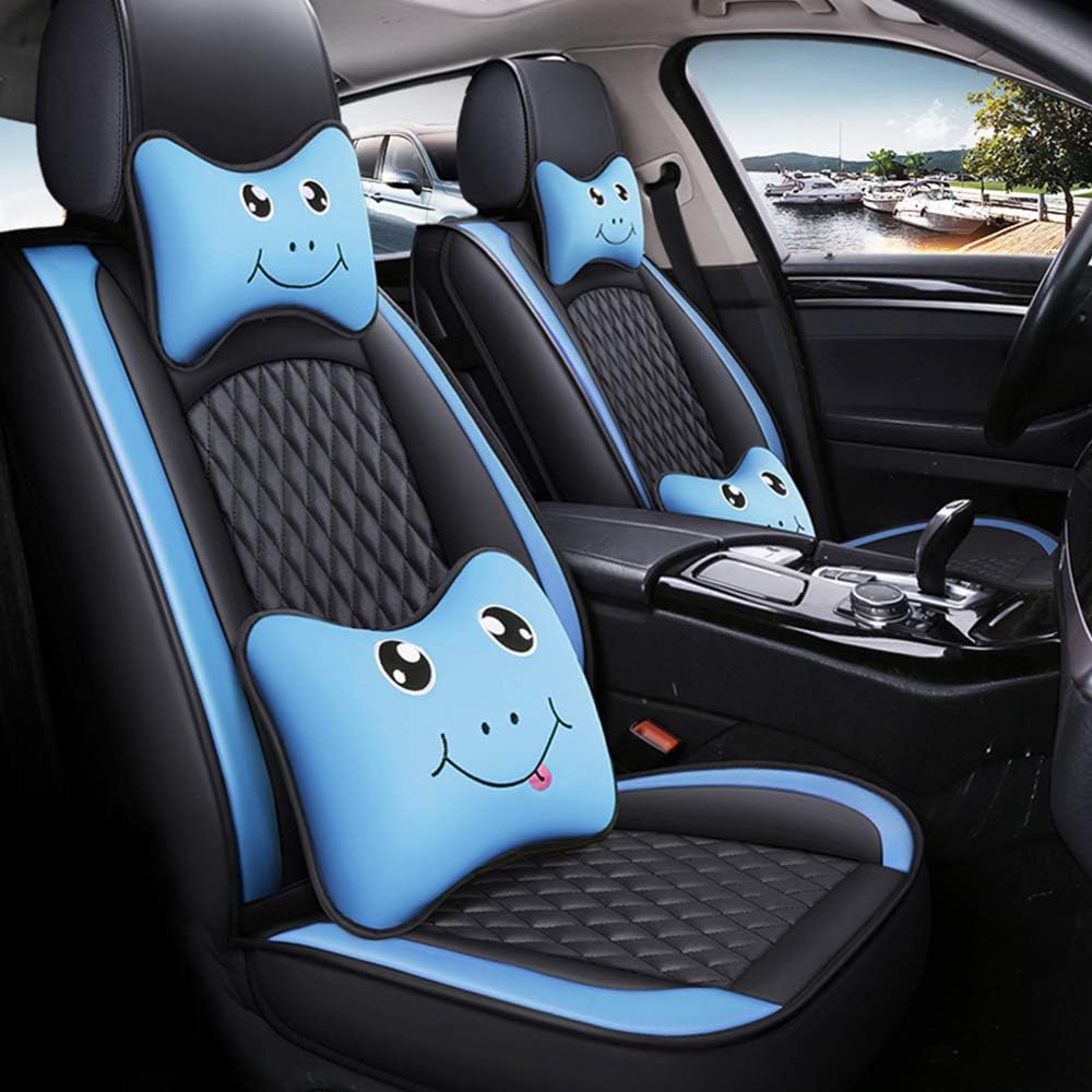 CobearCar Seat Cover for Volks-wagen Jetta Sport Wagen,CC 2013-2017, 5-Seats Leather Car Seat Covers & 2 Headrests & 2 Lumbar Supports, Cartoon Style C, Black blue
