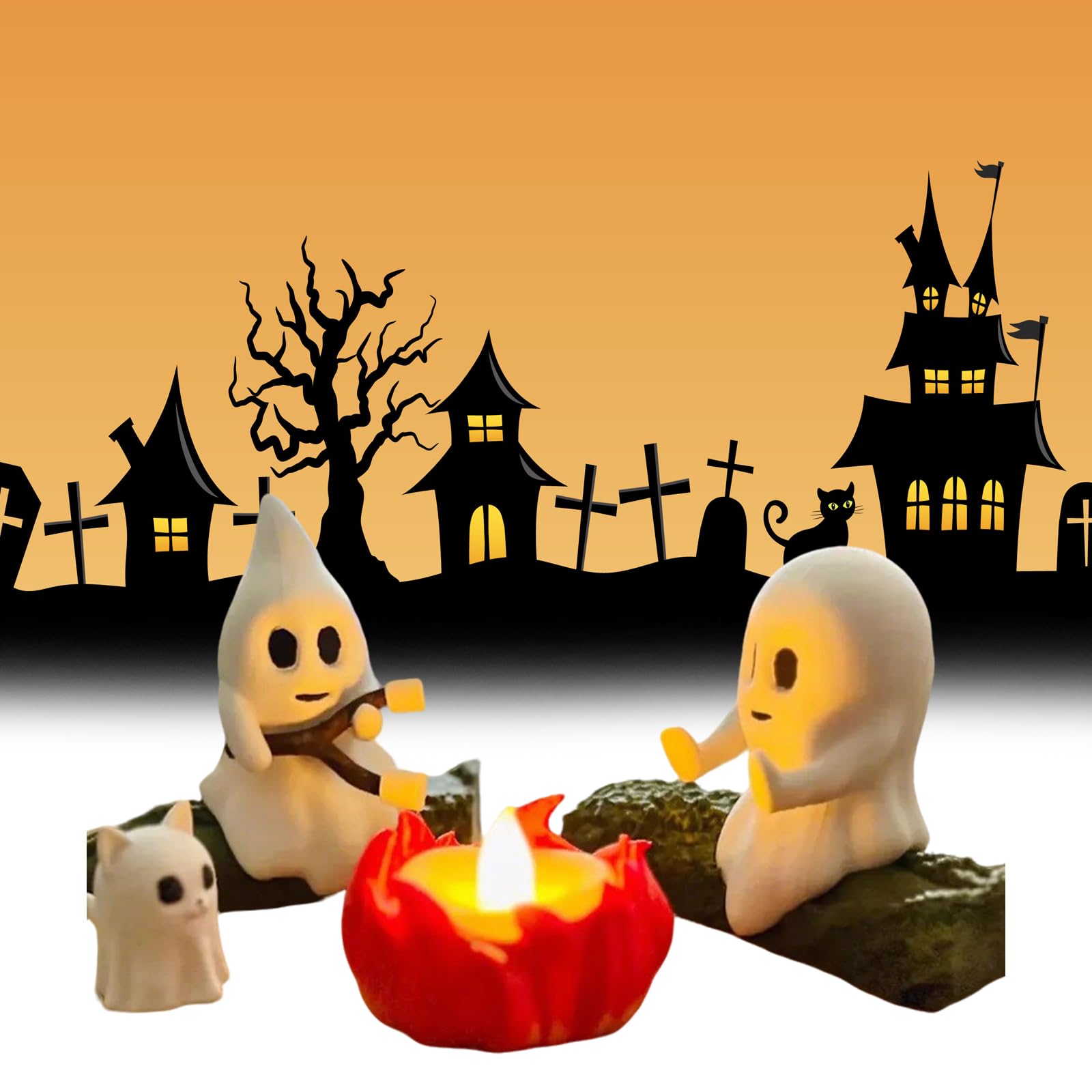 Ghost Campfire Gathering, Ghost Campfire Nightlight, Halloween Nightlight, 3D Printed Ghosts Campfires,Cute Cozy Spooky Statue Halloween Decorations,Funny Halloween Decor for Home Mantel or Desk (Cat)