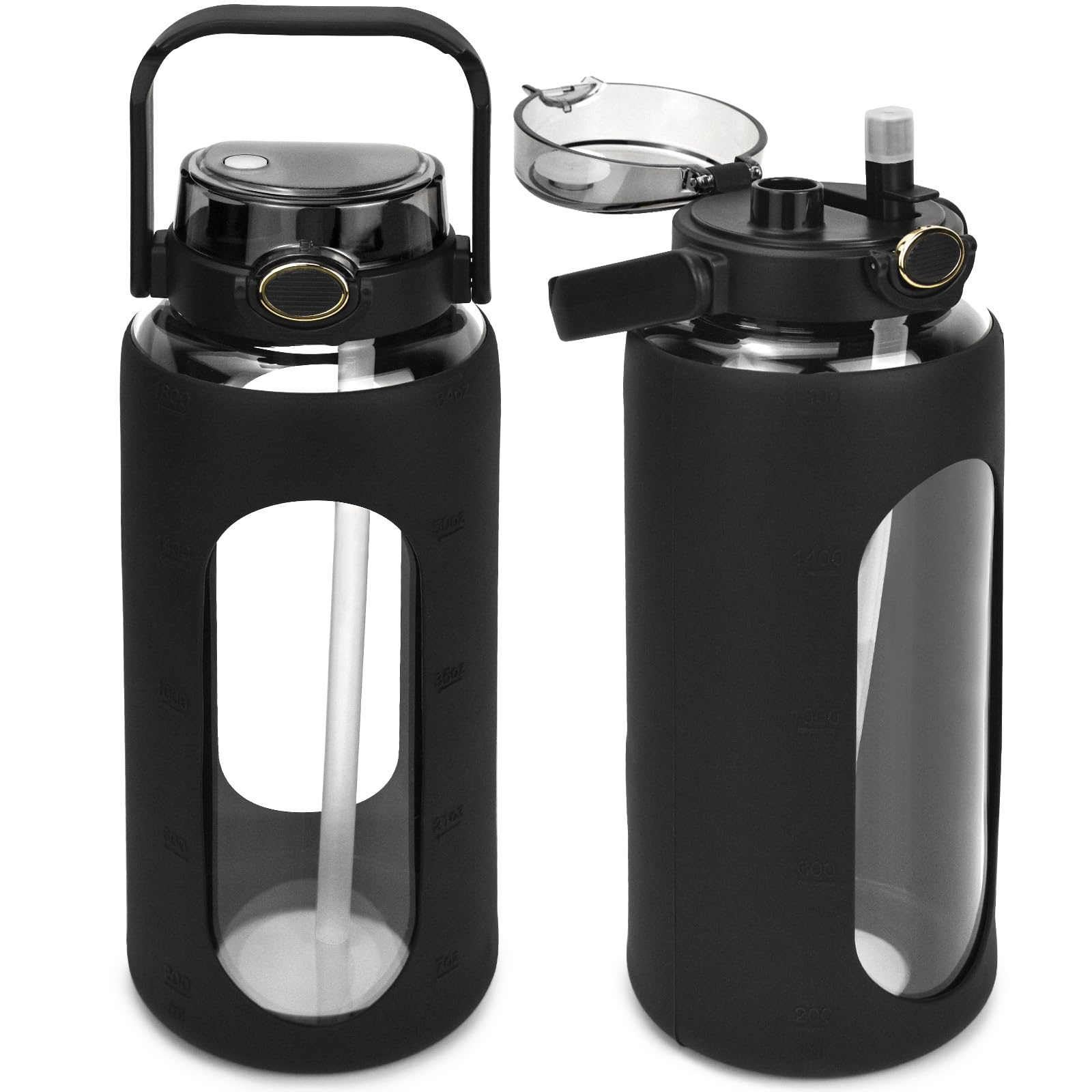 64oz Glass Water Bottles with Straw , Motivational Water Bottle with Silicone Sleeve & Double Drinking Lid Handle, Leakproof & BPA Free Reusable Clear Glass Water Jug with Double Drinking Lids