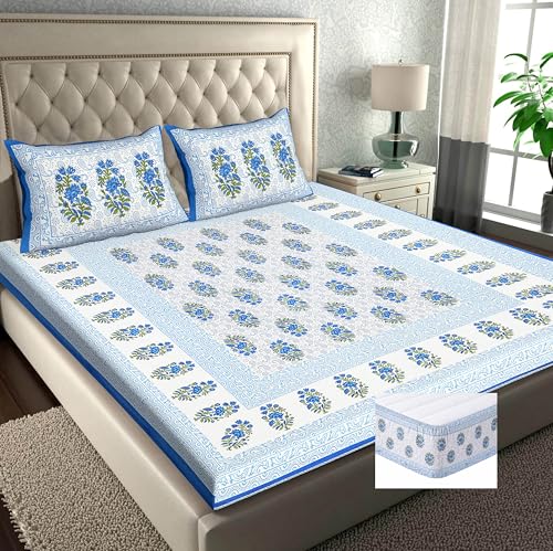 Image of RajasthaniKart Pure Cotton 144 TC Printed Double /Queen Bed Elastic Fitted Bedsheet with 2 Pillow Covers - All Around Elastic | 60 inchx78 inch, Fits Up to 8 inch Mattress | Jaipuri Print, 5260