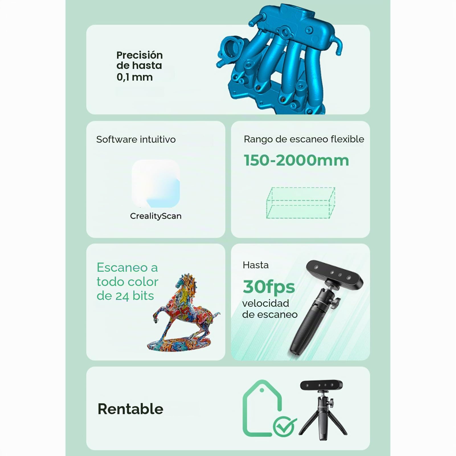 FTVOGUE Escáner 3D, Escáner 3D Compacto Antivibración para Escaneo Preciso a Todo Color, Rango de 150 a 700 Mm para Piezas de Automóviles y Objetos de Metal Negro