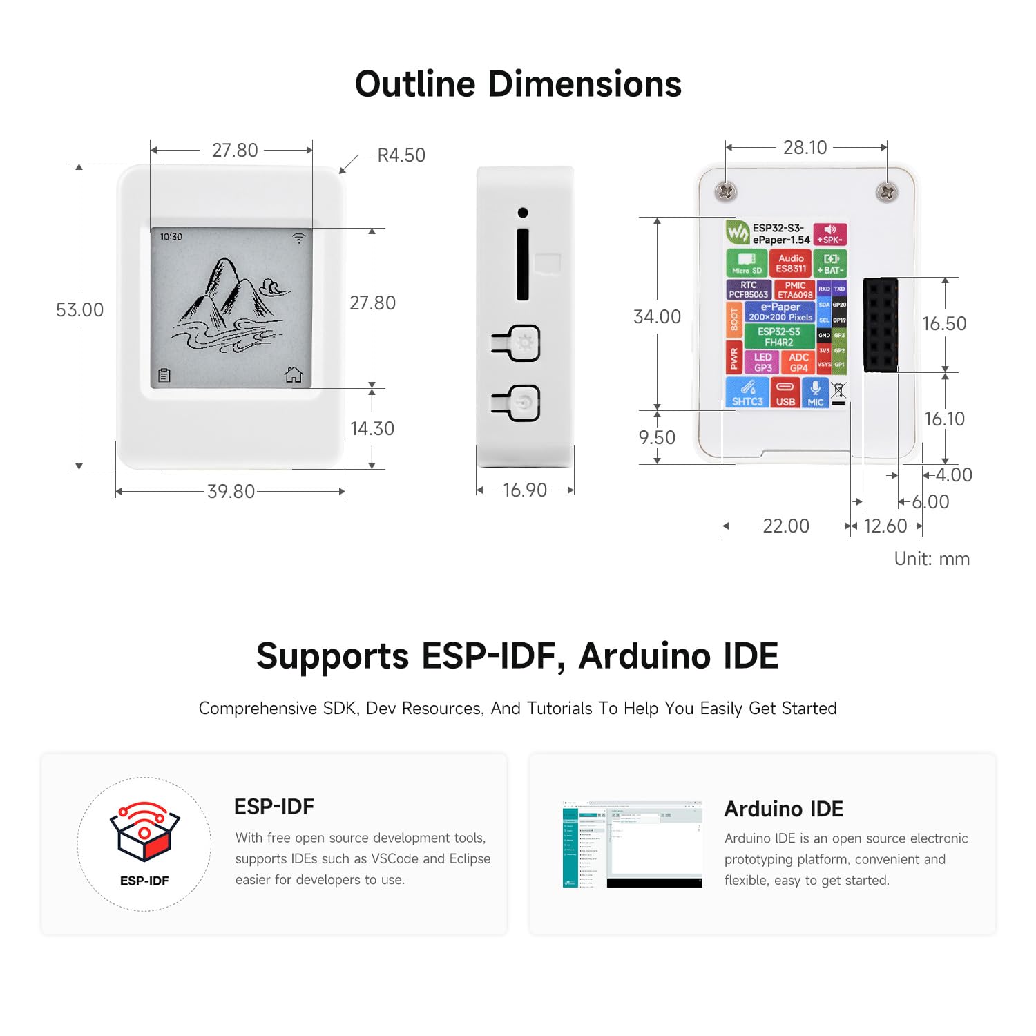 Waveshare ESP32-S3 1.54inch E-Paper AIoT Development Board, 200x200, Black/White, Supports Wi-Fi And BLE Dual-Mode Communication, without batt
