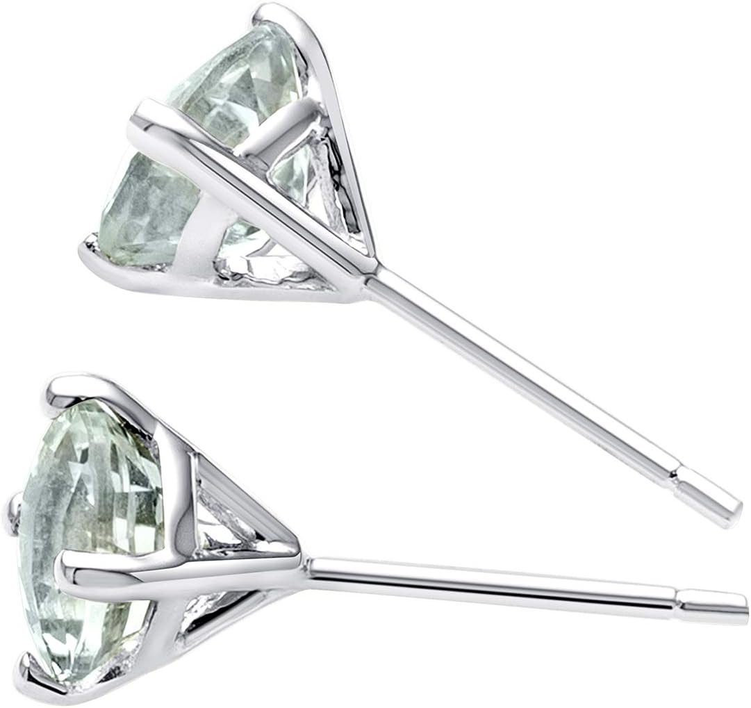 Peora Solid 14K White Gold Genuine Green Amethyst Solitaire Stud Earrings for Women, Hypoallergenic 1.50 Carats total Round Shape AAA Grade, February Birthstone, Friction Backs, Fine Gold Jewelry,