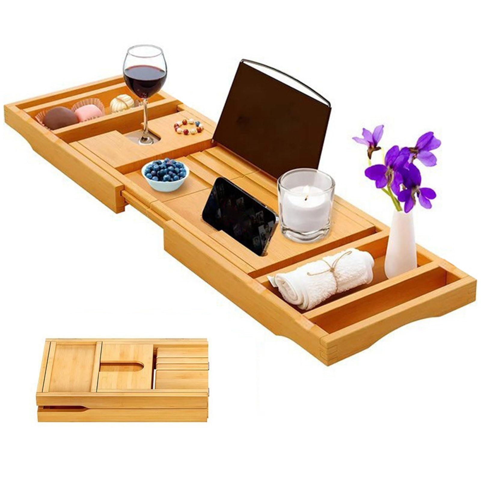Bandeja de bañera Plegable Caddy de baño con manijas expandibles, Copa de Vino y Soporte para tabletas, Soporte de Libros, Organizador de Almacenamiento de bañera, Titulares de bañera