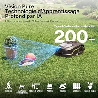 SUNTEK Robot Tondeuse sans Fil Périphérique - Robot Tondeuse IA + Vision pour 250 m², Technologie IA Caméra, Pente jusqu'à 35°, Étanchéité IPX5, Cartographie Automatique, Multizones, Contrôle APP
