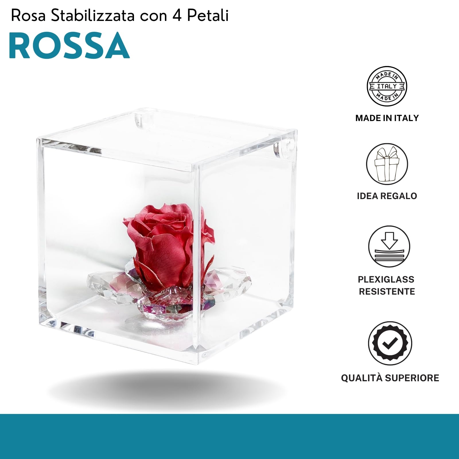 Debora Carlucci Rosa Stabilizzata Vera con 4 Petali in Cristallo Eterna in Cubo Idea Regalo Donna Blu-Bianco-Rosa-Rossa (Rosso)