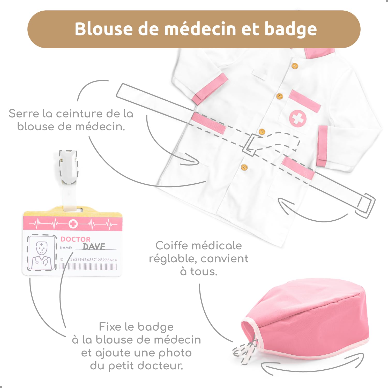 UMU® Malette Docteur Enfant en Bois – Kit Médecin 20 Pièces avec Stéthoscope, Accessoires de Dentiste, Blouse, Seringue et Plus, Jouet Docteur pour Enfants dès 3 4 5 6 Ans, Jeu d’Imitation Éducatif