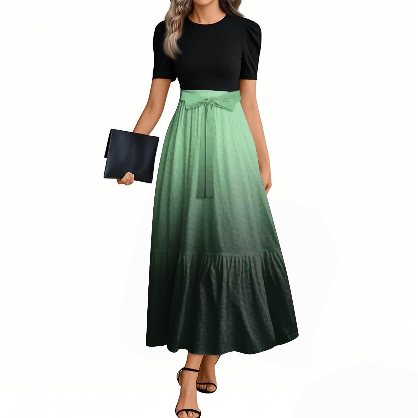 Maxi Dresses for Women 2025 Tiered Tie Waist Short Sleeve Dress Vintage Patchwork Plain Boho Dress Trendy Elegant Modest Loose Fit Beach a Line Flowy Sundresses Casual Holiday Summer Sundress