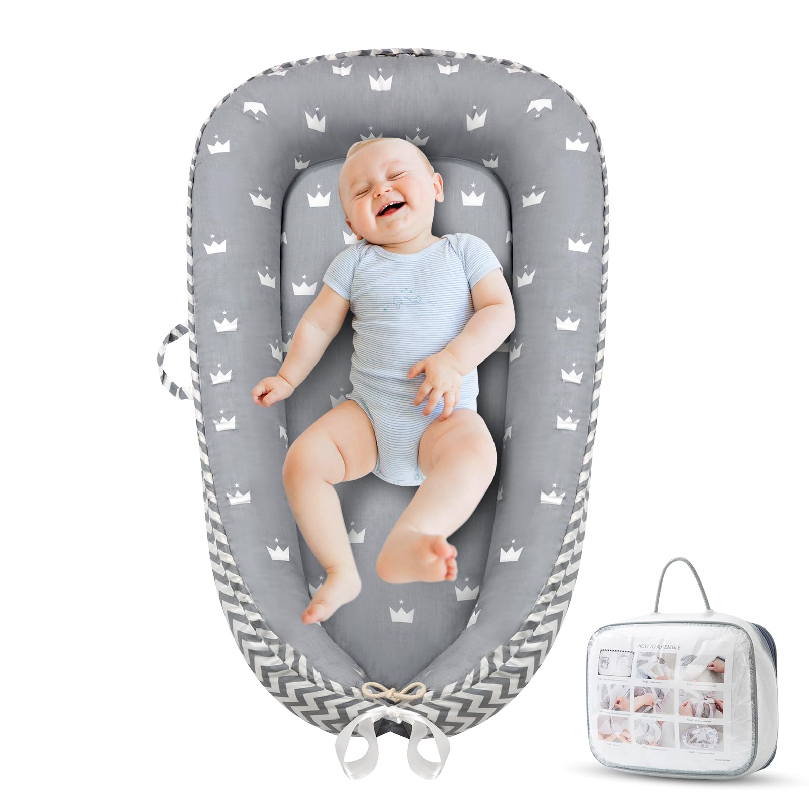 ROMAGIO Baby Lounger morbido e traspirante, nido portatile per neonati con copertura per bambini 0-24 mesi, per co-sleeping, idea regalo per bambini (bianco)