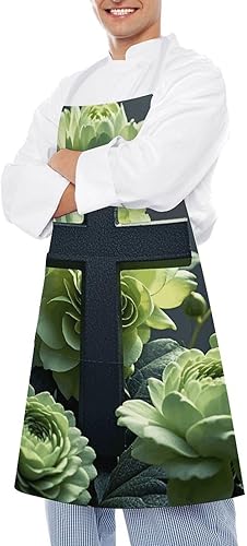 Miniatura 4 de MUSM Apron for Adults - 27.6 X 31.5 Inch, Heavy-Duty Polyester Aprons with Two Large Pockets, Waterproof Black Cross Among Green Flowers Kitchen