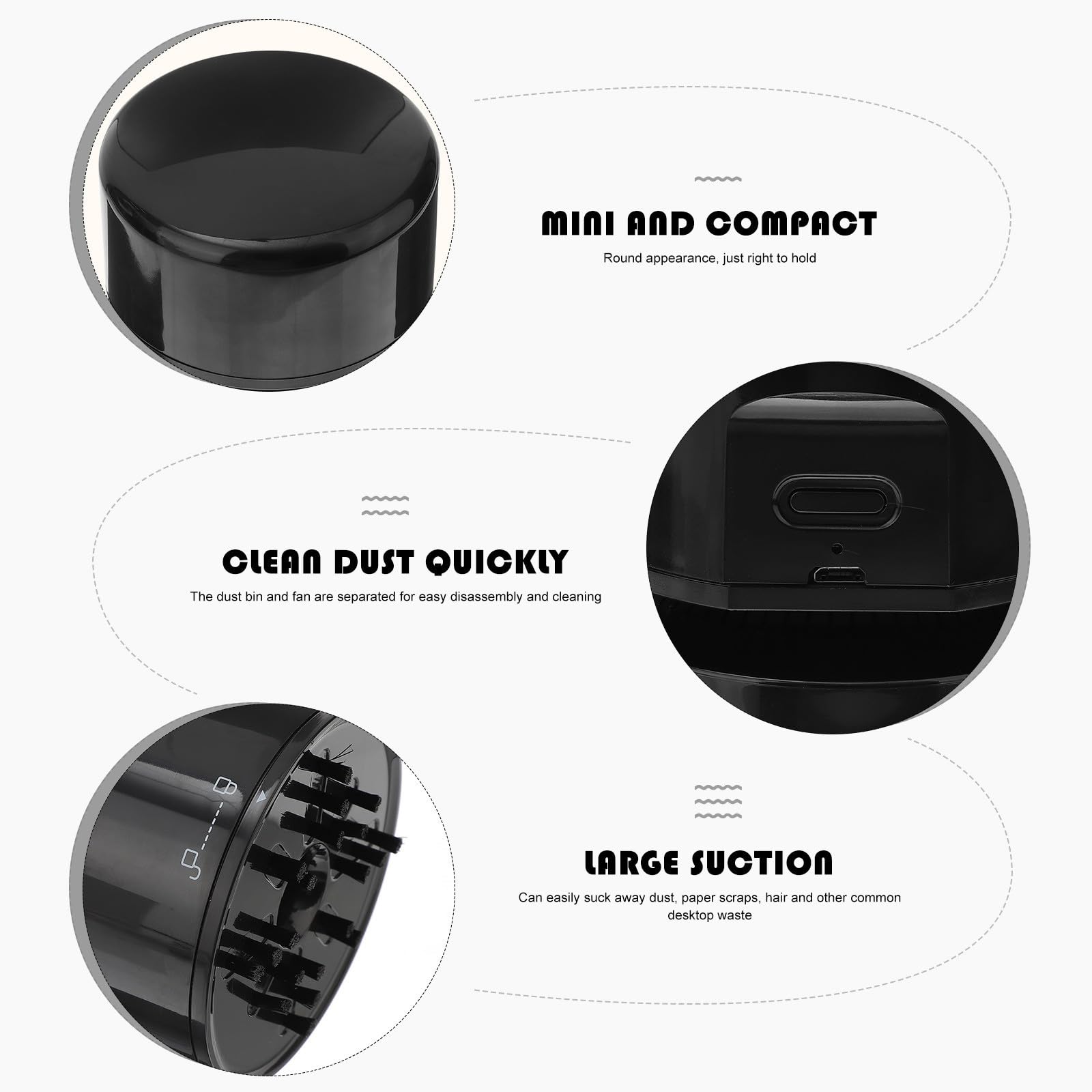 Outanaya Mini Aspiradora Portátil de Escritorio USB Negra, Limpiador de Polvo Rápido y Fácil de Limpiar, Diseño Compacto de Plástico para Hogar y Asiento de Coche