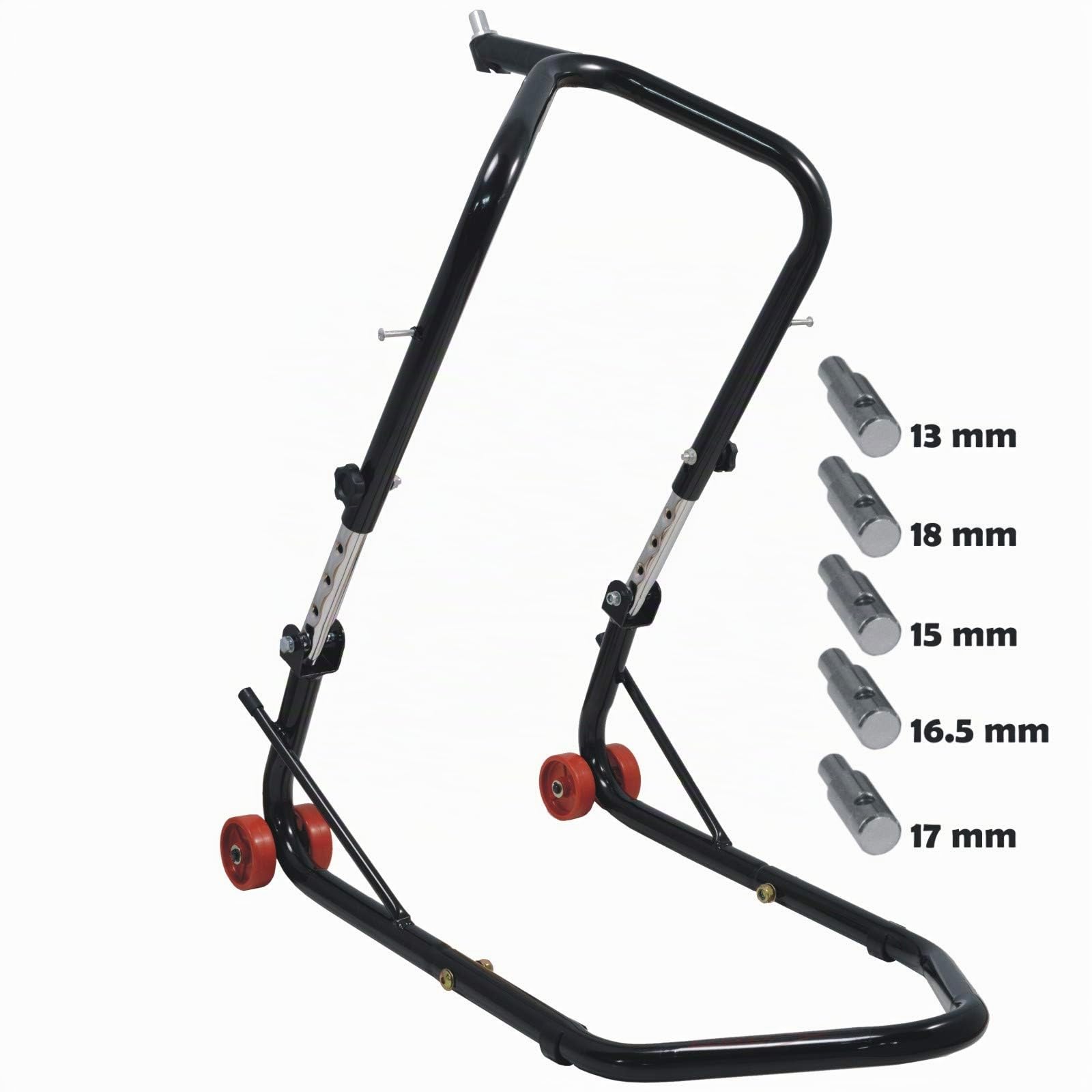 Cavalletto Alza Moto Anteriore Canotto Nero 4 ruote 5 perni regolabile