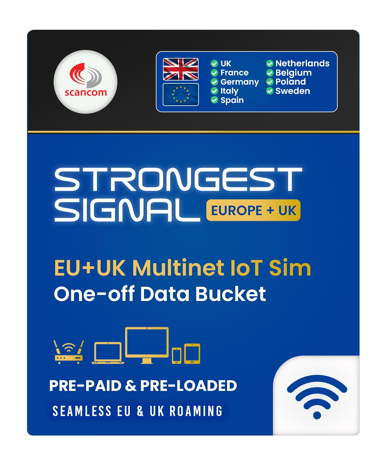 Sim de datos de roaming multired del Reino Unido y la UE. Se conecta automáticamente a la señal más fuerte para proporcionar la mejor conexión en la ubicación (cubo de datos único durante 12 meses