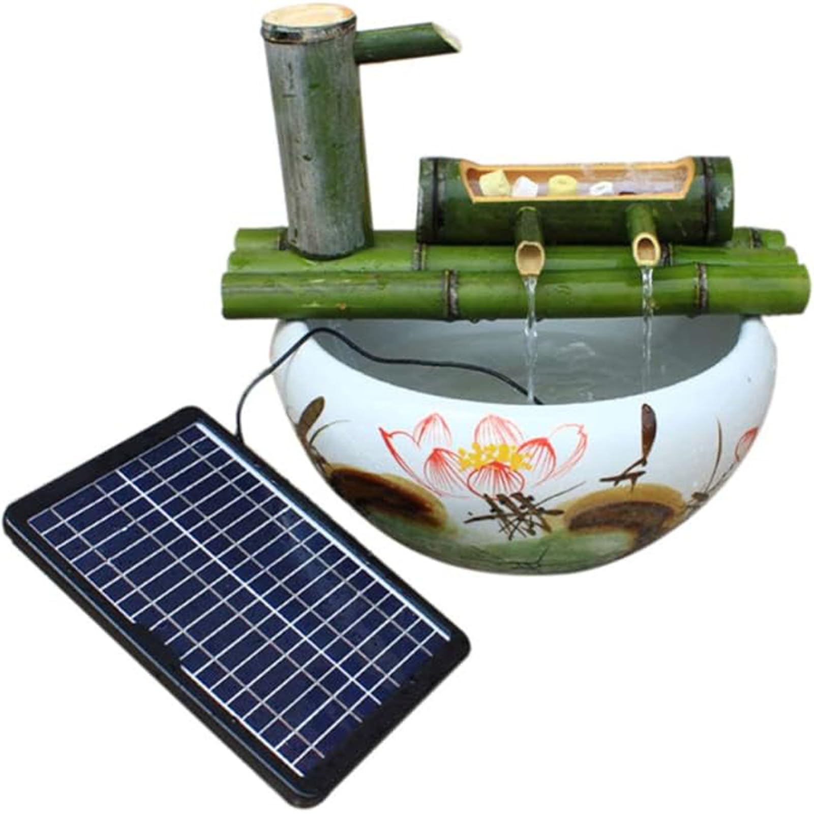 asdchZen Handcrafted Bamboo Fountain Kit, Zen Feng Shui Garden Water Feature, Solar Circulating Water Ornament, Outdoor Landscape Decoration For Yard, Pond, Stone Trough Or Patio,