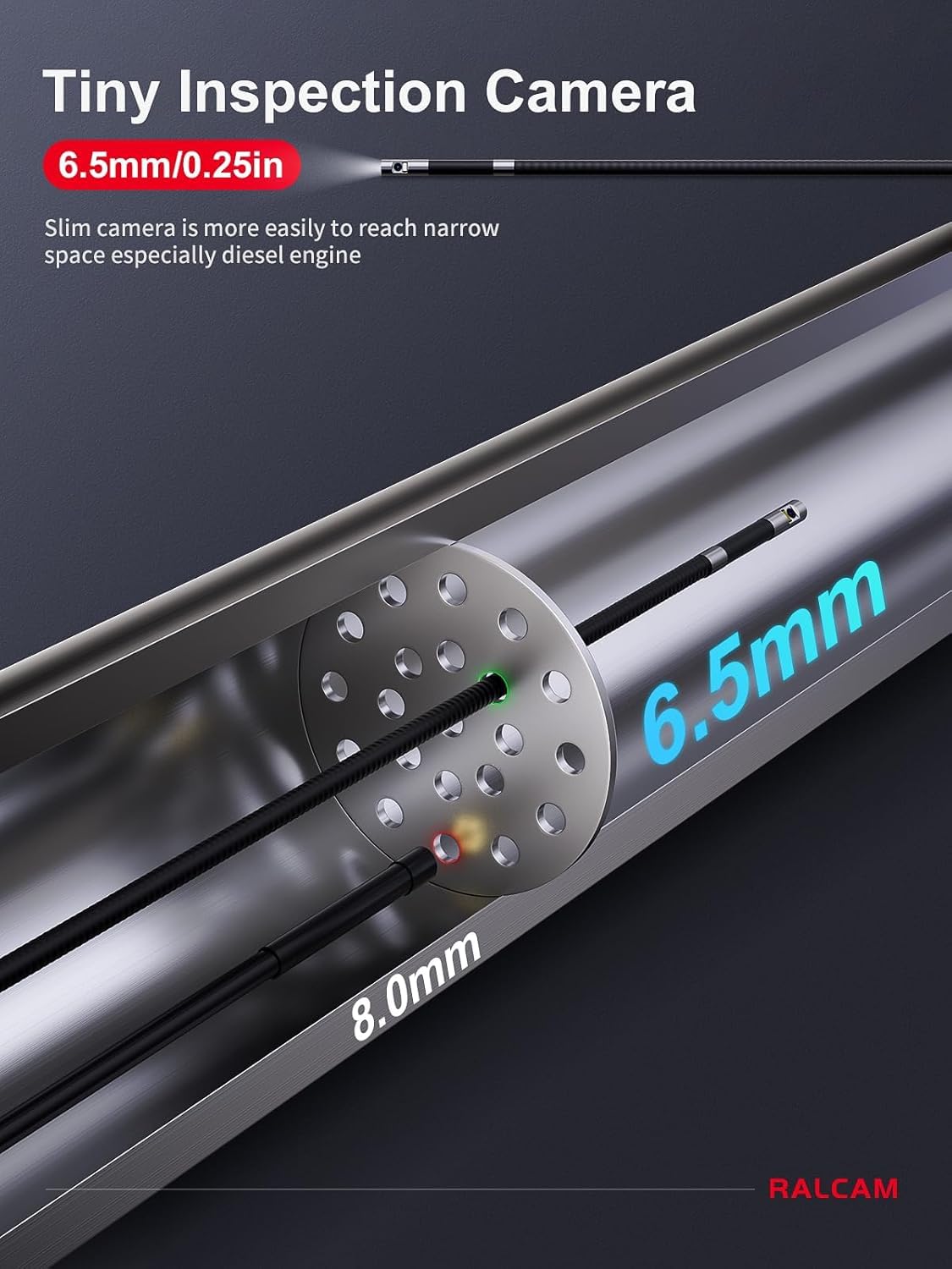 Ralcam Endoskopkamera mit Licht Endoscope Camera - 360° Endoskop Schwenkbarer 720P Inspektionskamera mit Licht Rohrkamera, Kameras mit 6 LED, IP67 (6,5mm Dual-Sonde/1,5M)