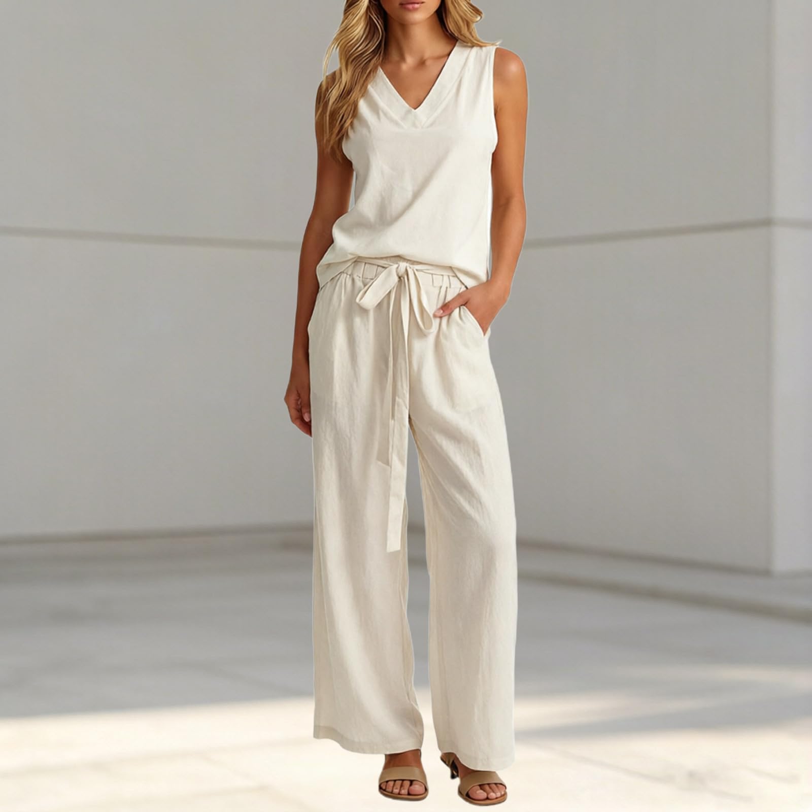Generico 2026 Tuta estiva con canotta e pantaloni coordinati, leggera e versatile, ideale per vacanze e outfit quotidiano primaverile.
