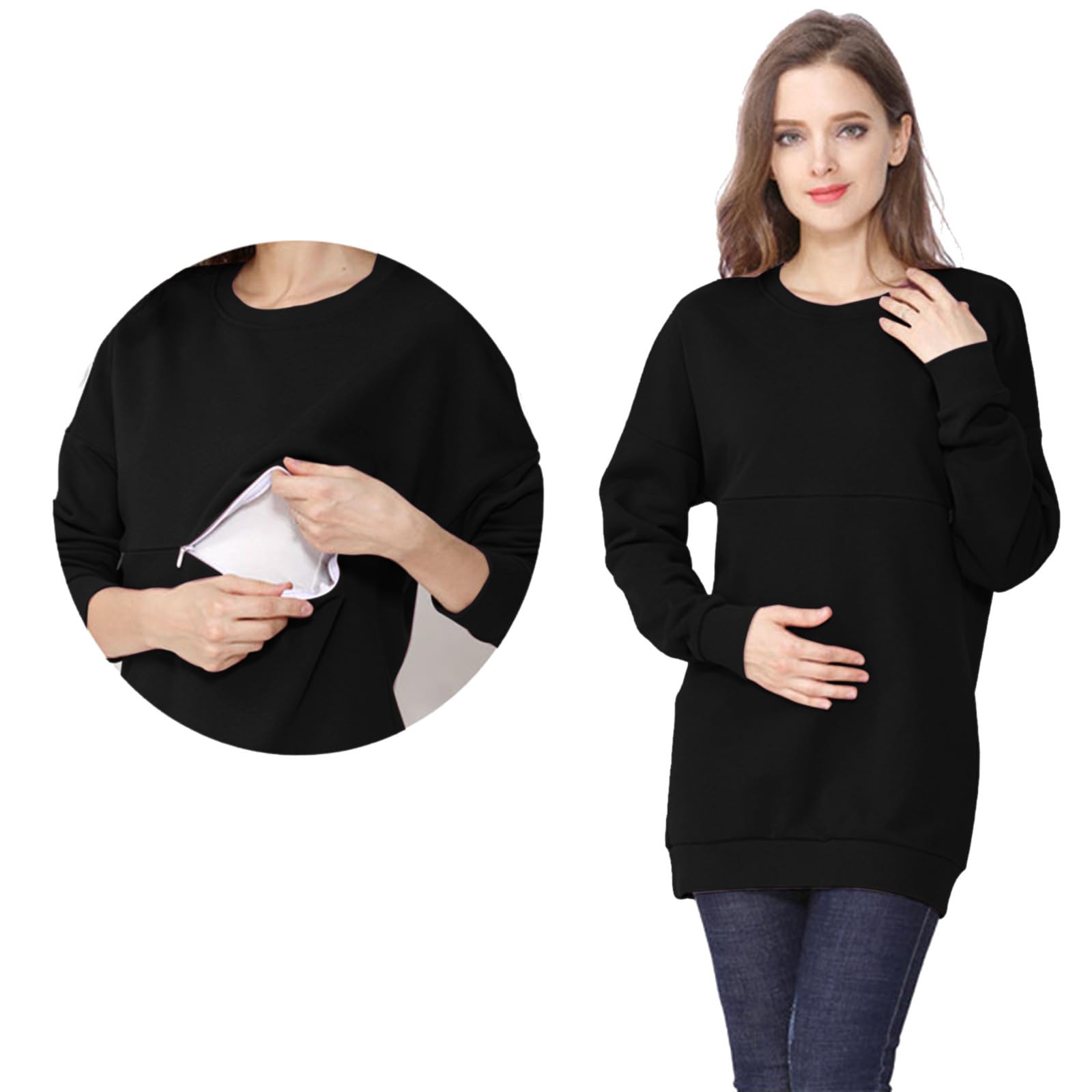 Generisch 2026 Top de Maternidad para Mujer con Dobladillo Sucio Normal Casual Manga Larga con Cremallera Camiseta con Capucha Lactancia
