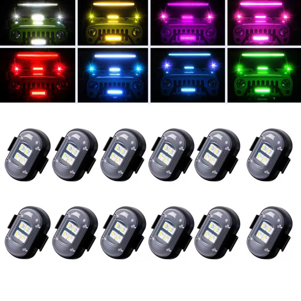12PCS Upgraded 4LEDs Wireless LED Strobe Lights with Remote Control，High Brightness 8 Colors Type-C Interior Car Lights Anti-Collision Warning Lights for Car Interior Drone Bike Motorcycle