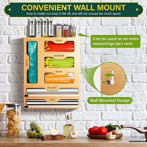image for KOCWELL Bag Organizer and Plastic Wrap Dispenser with Cutter, 6 In 1 B
