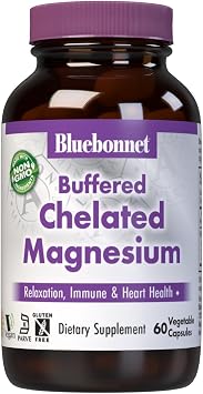 Bluebonnet Nutrition Albion Buffered Chelated Magnesium 200 mg, Magnesium Oxide, Stress Relief, Vegan, Non GMO, Gluten Free, Soy Free, Milk Free, Kosher, 60 Vegetable Capsules, 1 Month Supply | Immune & Heart Health; Non-GMO, Vegan, Kosher Certified, Gluten-Free, Soy-Free, Dairy-Free