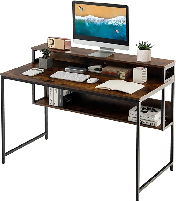 CASART Computer Desk, Writing Study Desk with Monitor Stand and Bottom Shelf, PC Laptop Table Gaming Desk Home Office Computer Workstation